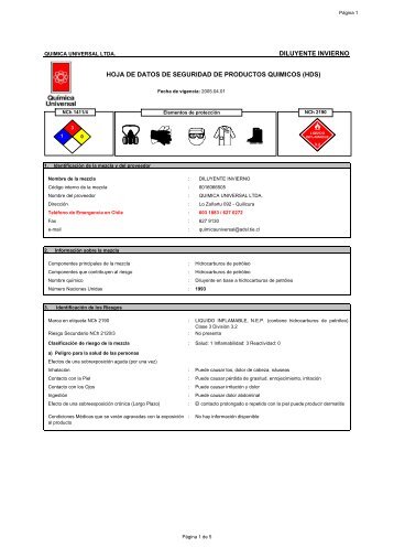 diluyente invierno hoja de datos de seguridad de productos quimicos