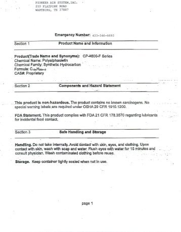 Synthetic Food Grade Oil MSDS