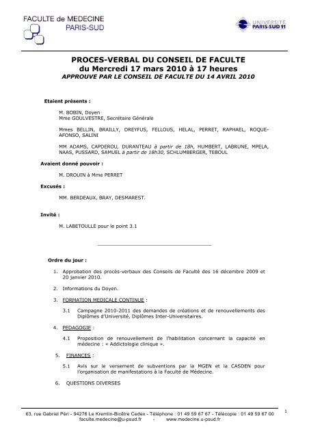 PV Conseil 17 mars 2010.pdf - FacultÃ© de MÃ©decine Paris-Sud ...
