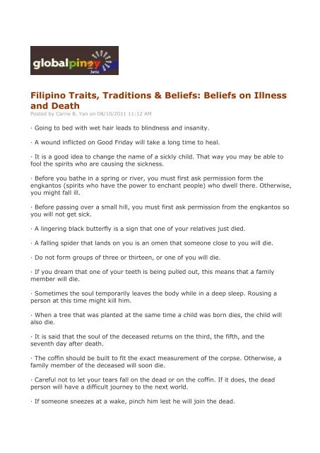 Filipino Traits, Traditions & Beliefs: Beliefs on ... - Philippine Culture