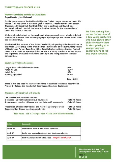 TCC Development Plan - Thurstonland Cricket Club