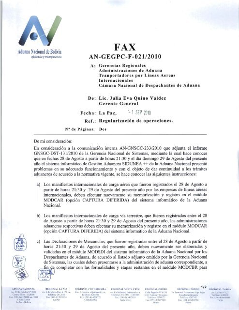 FAX Instructivo - Sidunea - Aduana Nacional de Bolivia