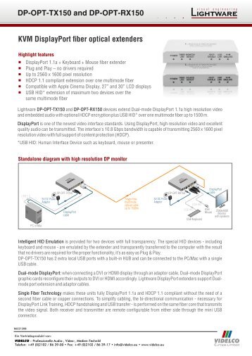 KVM DisplayPort fiber optical extenders DP-OPT-TX150 ... - VIDELCO