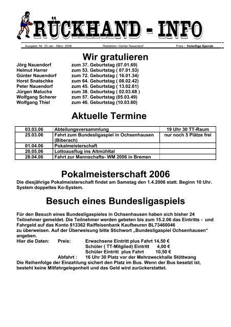 Wir gratulieren Aktuelle Termine Pokalmeisterschaft 2006 Besuch ...