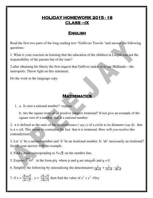 HOLIDAY HOMEWORK CLASS – IX English ... - Apeejay School