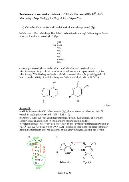 Tentamen med svarsmallar Biokemi KE7001p3, 15:e mars 2007, 09 ...