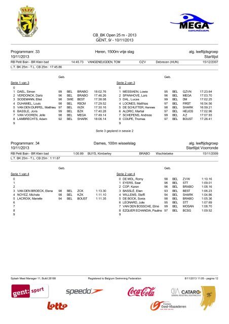 zondag - Belgische Kampioenschappen Korte Baan 2012