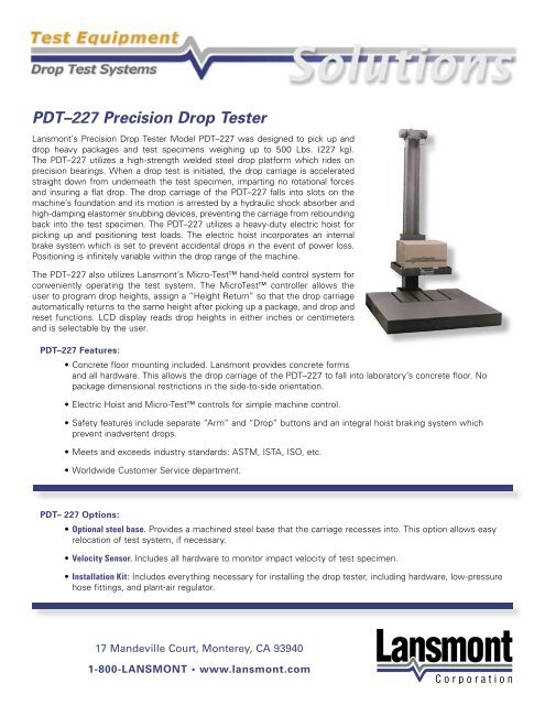 PDTÃ¢Â€Â“227 Precision Drop Tester