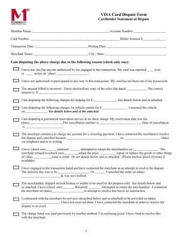 VISA Card Dispute Form - Members 1st Federal Credit Union