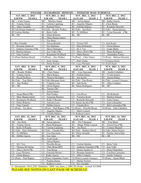 PLEASE SEE NOTES ON LAST PAGE OF SCHEDULE