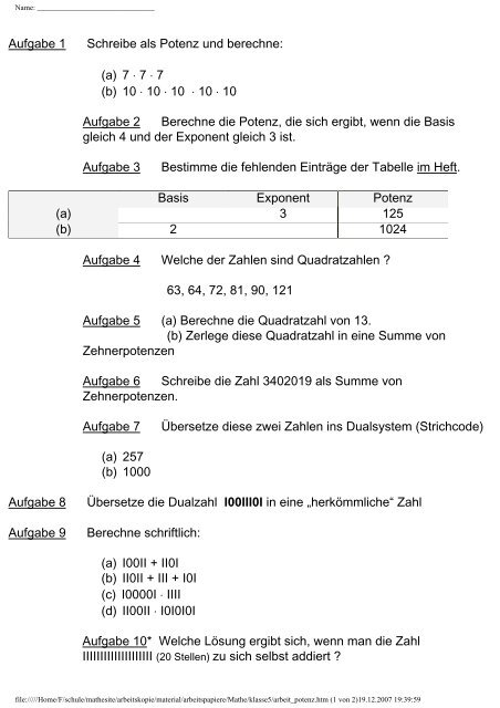 Berechne Wenn Möglich Kürze Und Schreibe Als Gemischte Zahl Aufgabe 1 Schreibe als Potenz und berechne: (a) 7 - Mathe-Material