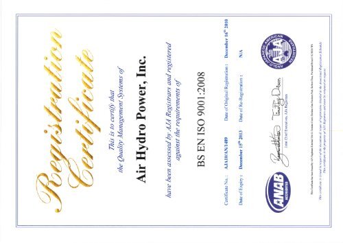 ISO 9001:2008 Quality Certification - Air Hydro Power Inc