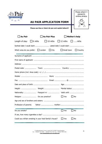 AU PAIR APPLICATION FORM - BHV Education