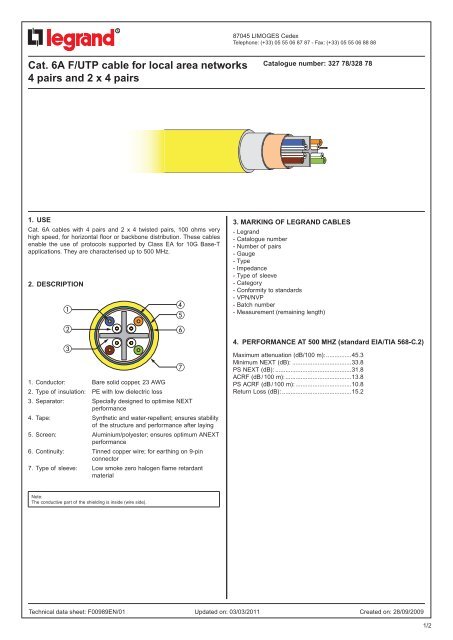 cat. 6a f/UtP cable for local area networks 4 pairs and 2 x 4 pairs