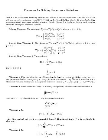 Theorems for Solving Recurrence Relations Here is a list of ...