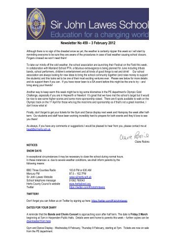 Newsletter No 459 â 3 February 2012 - Sir John Lawes School