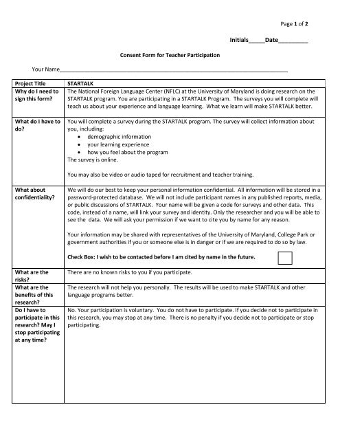 Cover Letter and Consent Form - StarTalk - University of Maryland