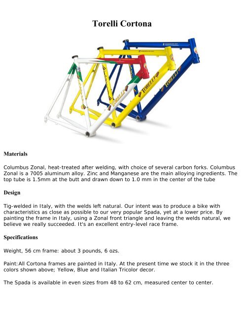 Torelli Cortona frameset - Smart Bike Parts