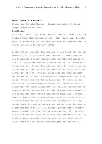 1 Bernd Linke, Pia Mähnert Biogas aus Energiepflanzen ...