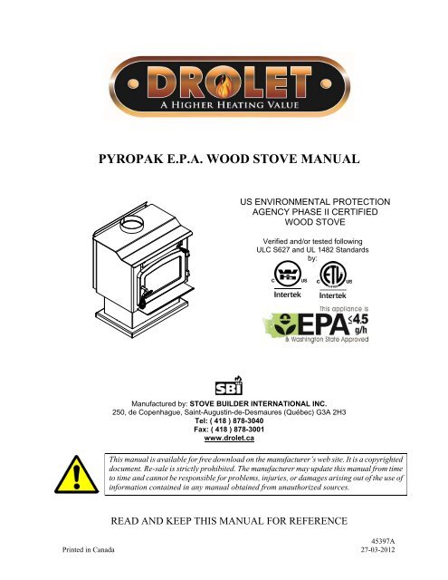 PYROPAK E.P.A. WOOD STOVE MANUAL - Drolet
