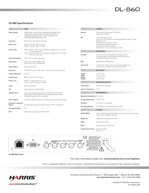 Harris DL-860 datasheet - Creative Video