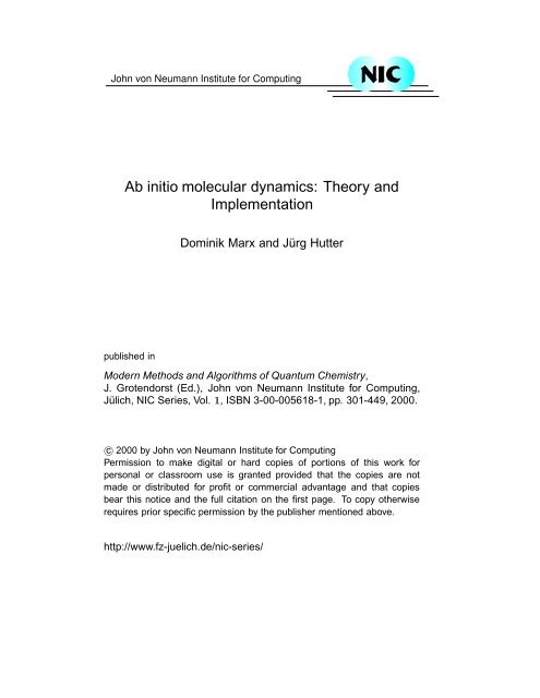 Ab initio molecular dynamics: Theory and Implementation