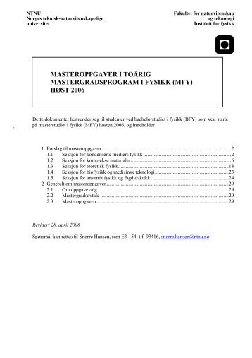 masteroppgaver i toårig mastergradsprogram i ... - Fysikk - NTNU