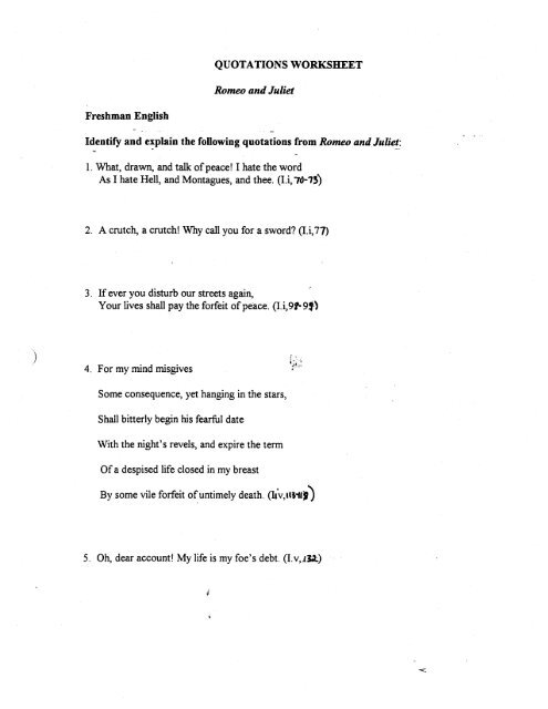 QUOTATIONS WORKSHEET Romeo and Juliet