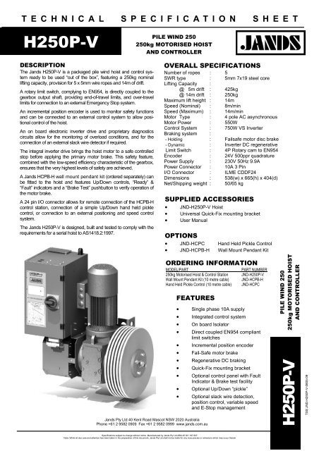 H250P-V Pile Wind Motorised Hoist Technical Specification ... - Jands
