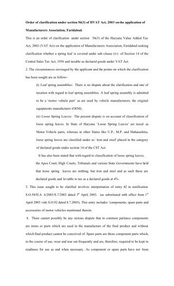 Order of clarification under section 56(3) of HVAT ... - Haryanatax.com