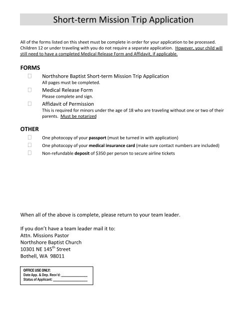 short-term mission trip application form - Northshore Baptist Church