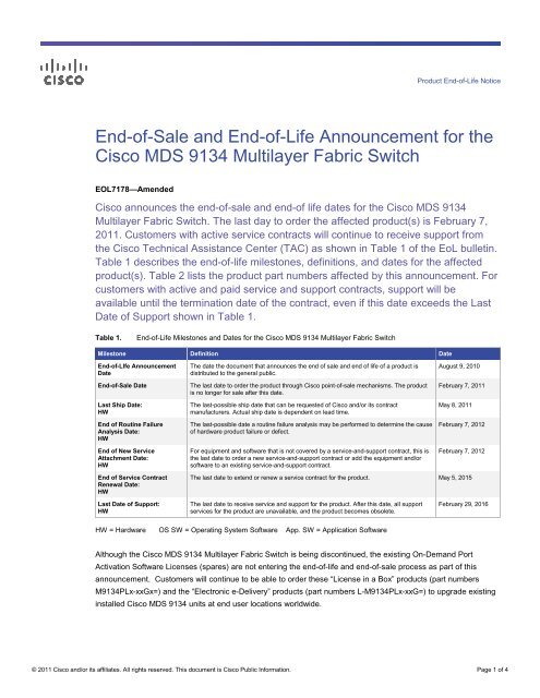 EOL/EOS for the Cisco MDS 9134 Multilayer Fabric Switch