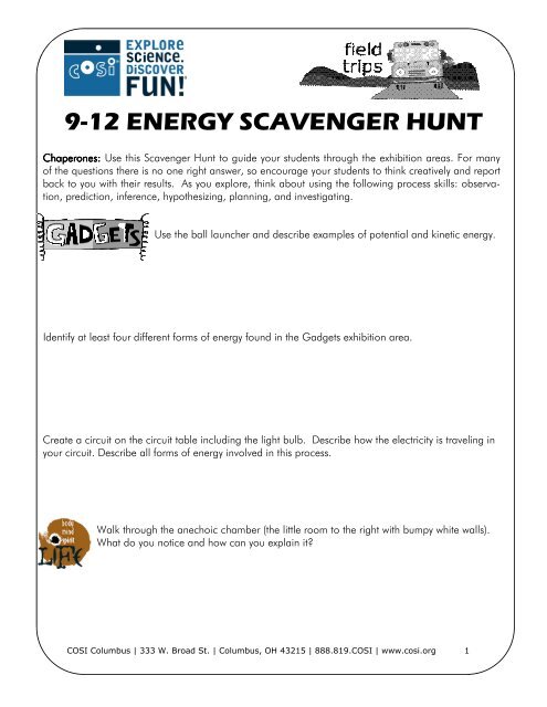 9-12 ENERGY SCAVENGER HUNT - COSI