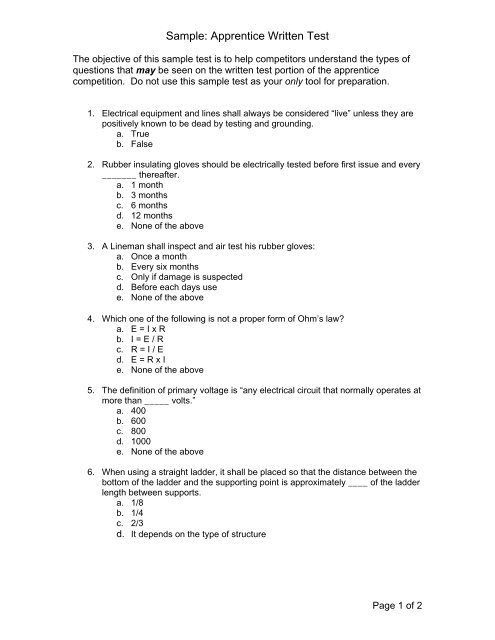 Sample Apprentice Written Test