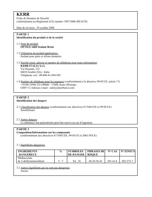 Fiche de Données de Sécurité conformément au Règlement ... - Kerr