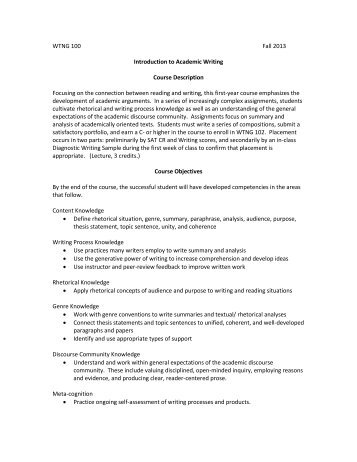 Introduction to Academic Writing Common Course Syllabus