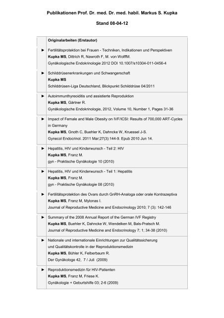 Publikationen Prof. Dr. med. Dr. med. habil. Markus S. Kupka Stand ...