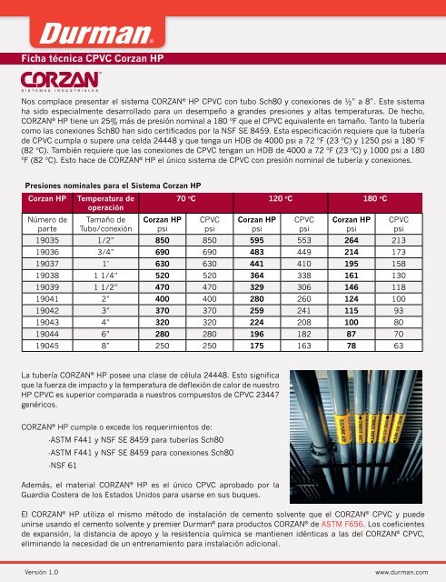 Ficha tÃ©cnica CPVC Corzan HP