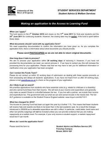 Access to Learning Fund Application Form - University of the West of ...