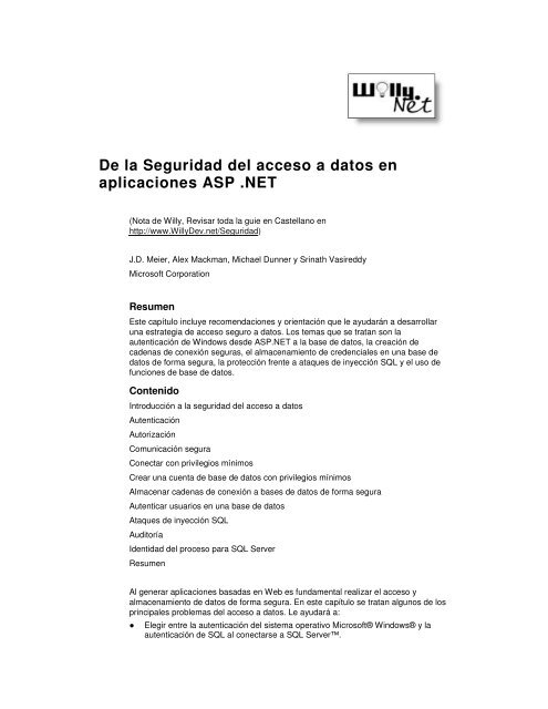 De la Seguridad del acceso a datos en aplicaciones ASP ... - Willy .Net
