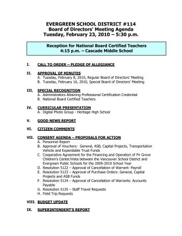 Board of Directors' Meeting Agenda - Evergreen Public Schools