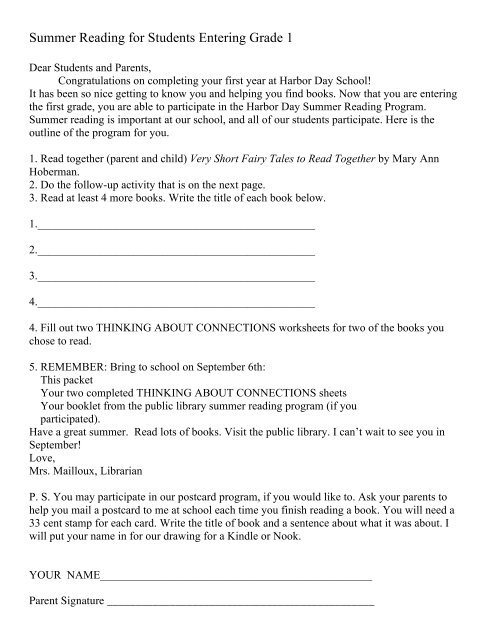 summer reading for students entering grade 1 harbor day school