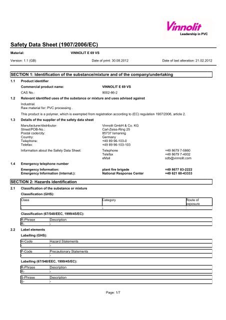 Safety Data Sheet (1907/2006/EC) - Vinnolit