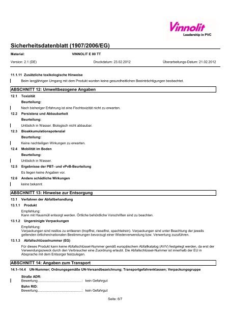 Sicherheitsdatenblatt (1907/2006/EG) - Vinnolit