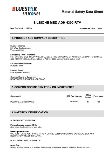 Material Safety Data Sheet SILBIONE MED ADH 4300 RTV