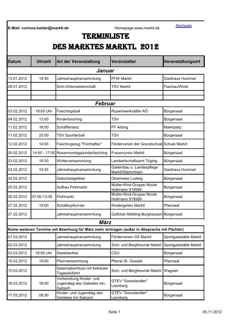 Terminliste des Marktes Marktl 2012 - Markt Marktl