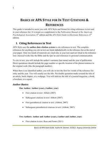 BASICS OF APA STYLE FOR IN TEXT CITATIONS & REFERENCES ...