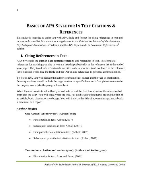 BASICS OF APA STYLE FOR IN TEXT CITATIONS &amp; REFERENCES ...