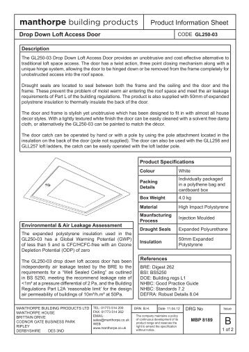 GL250-03 Loft Access Door Product Information ... - Insulation Giant