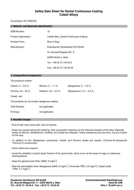 Safety Data Sheet for Dental Continuous Casting Cobalt Alloys - WD